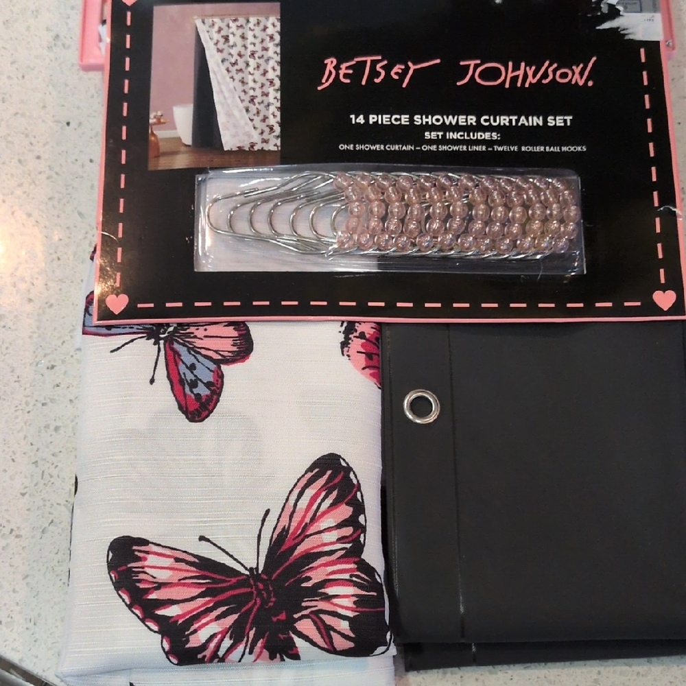 BETSY JOHNSON  Pink and Black Butterfly Shower Curtain Set